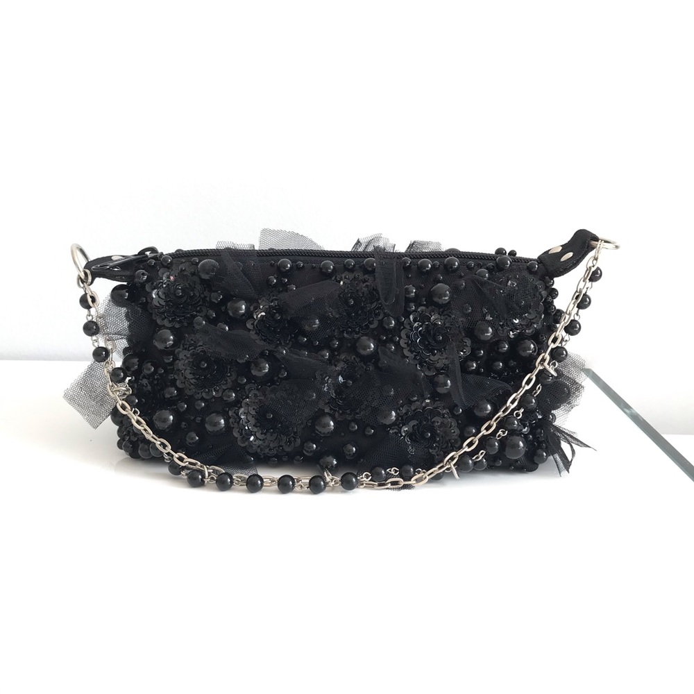 NWOT Black Mini Bag Patchwork with Black Pearl Sequin and Tulle 90’s Y2K